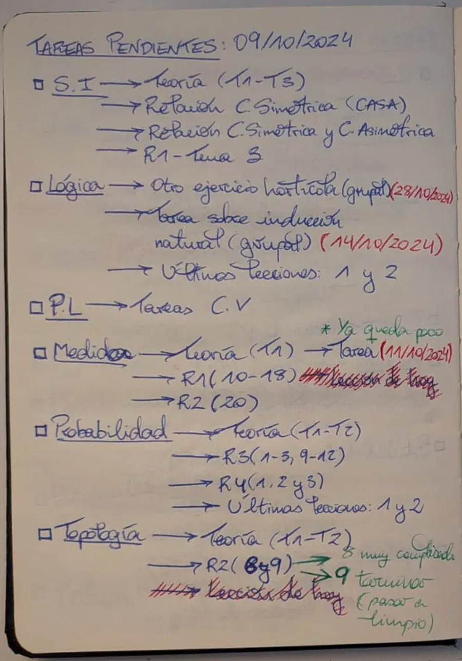 A single notebook page from October 2024 with the same structure: subjects with checkboxes, arrows to tasks, red deadlines, and small green notes next to some tasks.