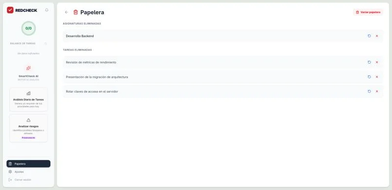 RedCheck's recycle bin with a deleted subject and three deleted tasks, each with restore and delete-forever actions, and an 'Empty bin' button.