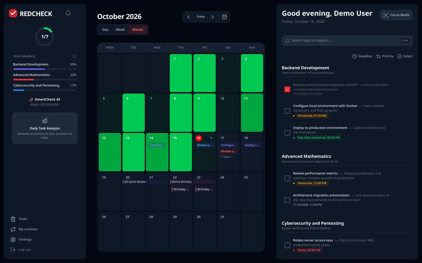 RedCheck’s dashboard in English and dark mode: the month calendar coloured by workload, task balance per subject, and the task list.