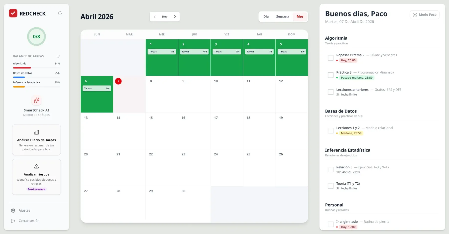 RedCheck’s dashboard on 7 April 2026: a sidebar with a progress circle, a task balance chart and SmartCheck AI cards, a central month calendar with past days in green showing completed over total tasks, and a right-hand column greeting the user and listing tasks by subject with coloured deadline labels.