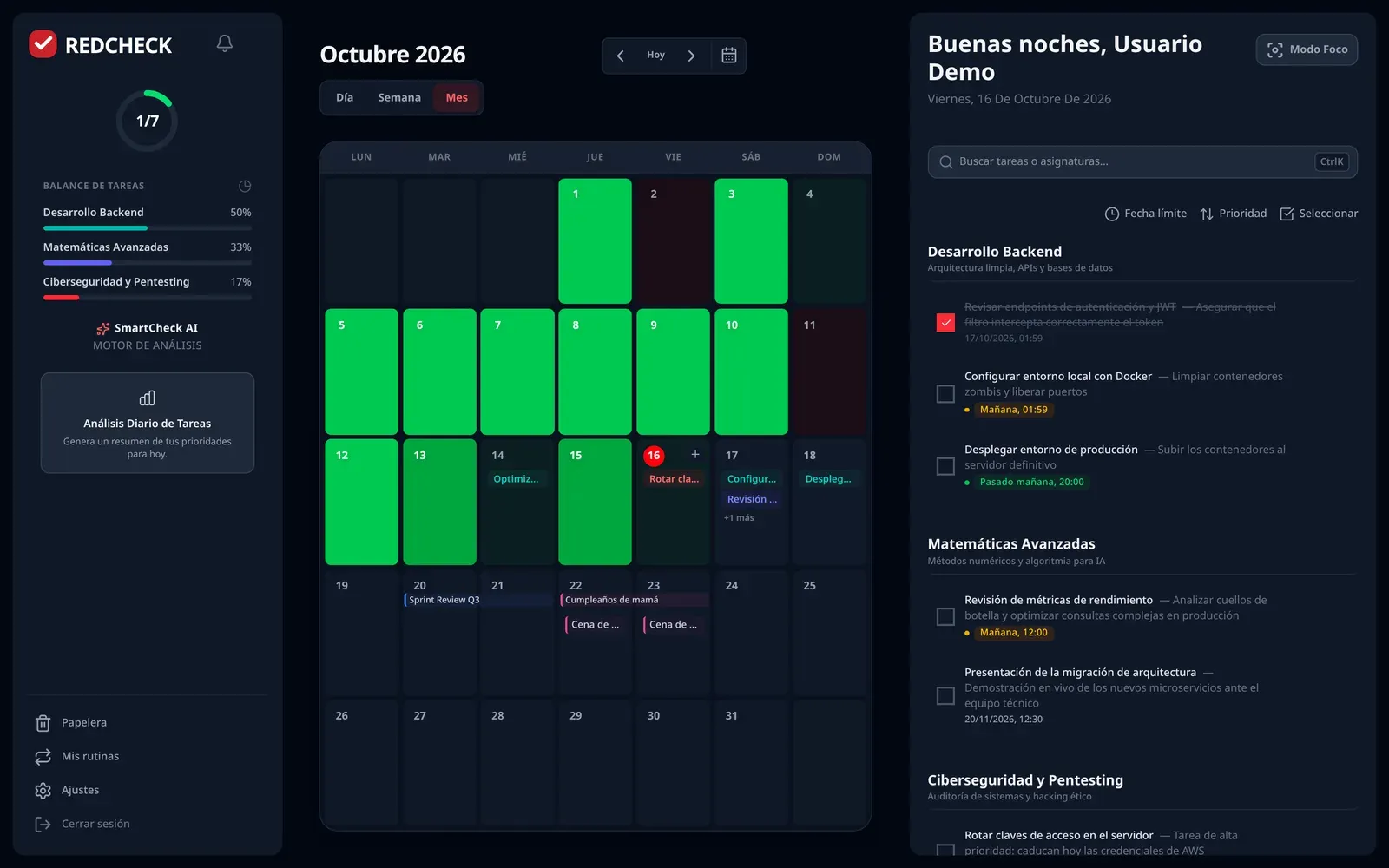 The same dashboard in Spanish and dark mode, with the Spanish demo account’s subjects and tasks.