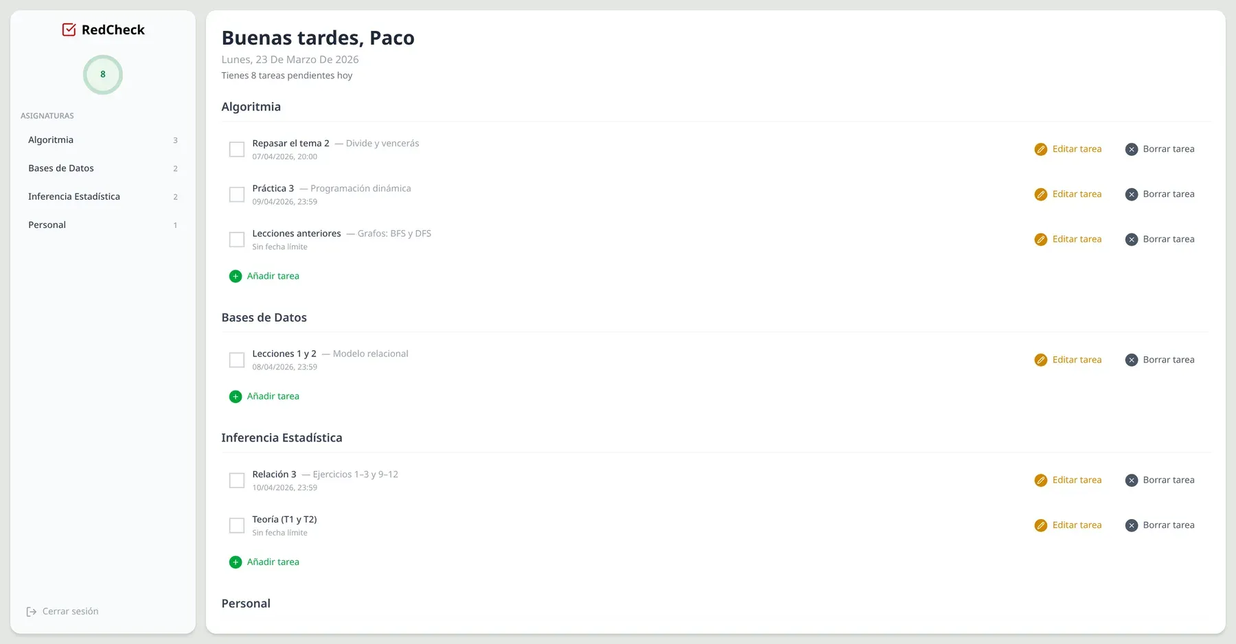 RedCheck’s first dashboard: a white sidebar listing subjects with task counts and a progress circle, and a main area greeting the user with today’s date and listing tasks grouped by subject, each with a checkbox, a deadline and “Edit task” and “Delete task” buttons.