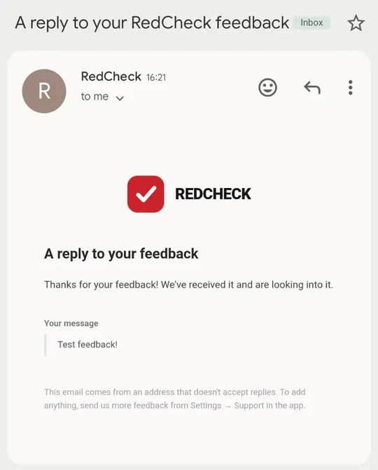 An email titled “A reply to your feedback” with the RedCheck logo, the reply text, the user’s original message quoted under “Your message”, and a footer saying the address doesn’t accept replies.