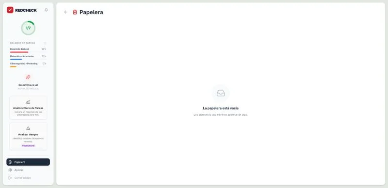 RedCheck's recycle bin, empty: a friendly empty state saying deleted items will show up here.