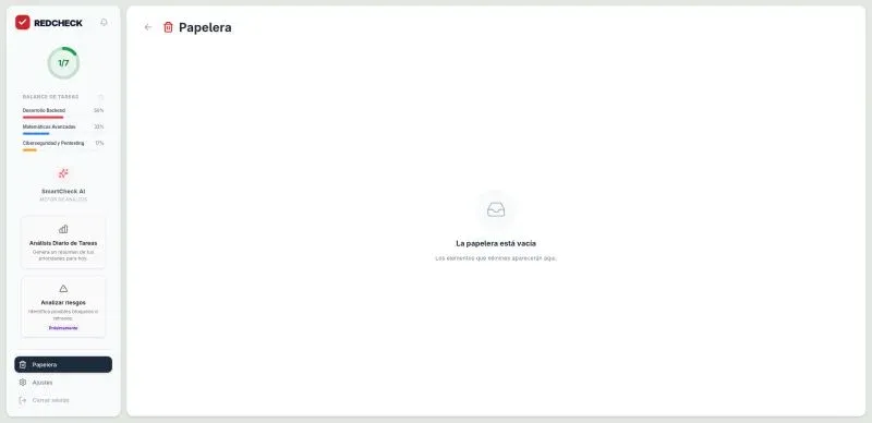 RedCheck’s recycle bin, empty: a friendly empty state saying deleted items will show up here.
