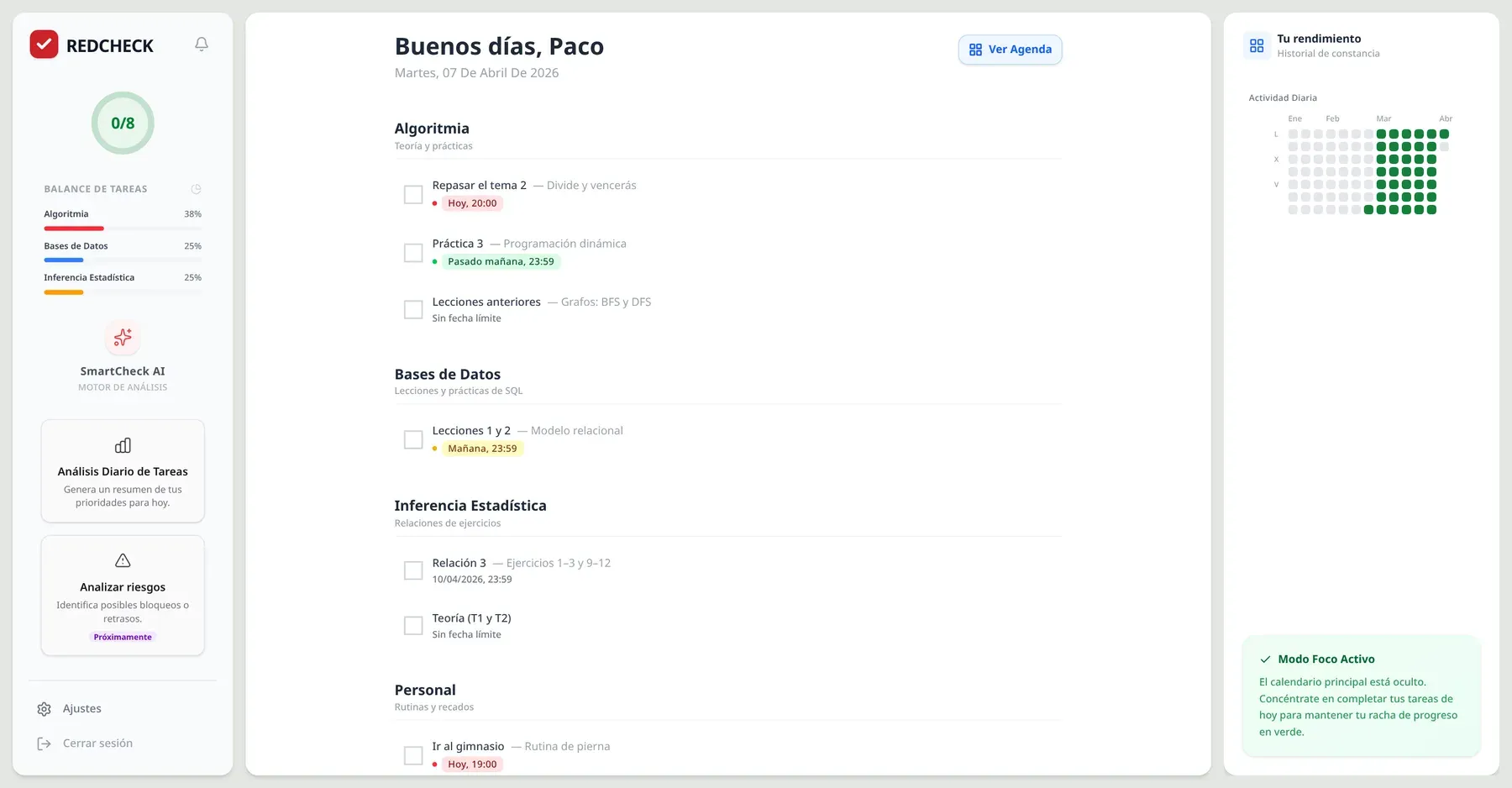 RedCheck’s Focus Mode on 7 April 2026: the sidebar on the left, today’s tasks grouped by subject in the centre, and on the right a “Your performance” panel with a GitHub-style heatmap of daily activity from January to April, mostly green in March.