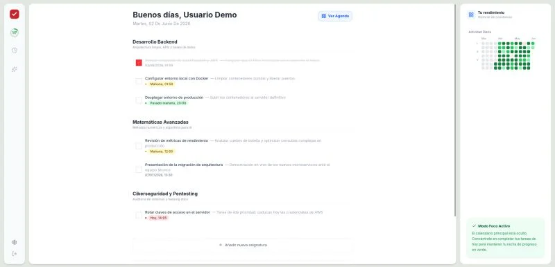 RedCheck's Focus Mode: today's tasks with their deadline labels, and the activity heatmap on the side.