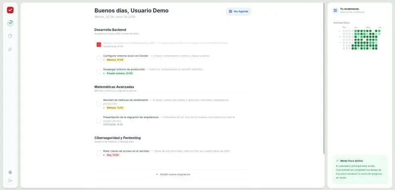 RedCheck’s Focus Mode: today’s tasks with their deadline labels, and the activity heatmap on the side.