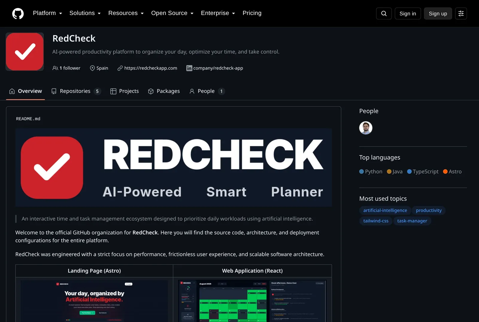 The redcheckapp organisation on GitHub, with its README and the languages used across the repositories: Python, Java, TypeScript and Astro.