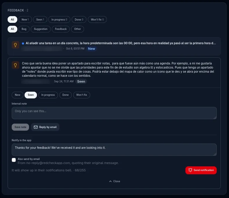 The developer dashboard’s feedback inbox: status and category filter chips, a new bug report, and an expanded suggestion with status buttons, an internal note, “Reply by email”, and a “Notify in the app” box with an “Also send by email” checkbox.