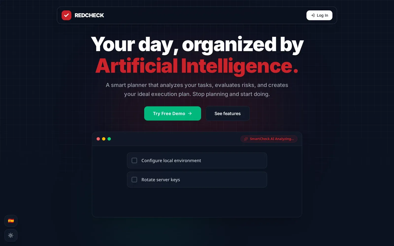 RedCheck’s landing page on desktop: “Your day, organized by Artificial Intelligence”, with a demo card of SmartCheck analysing two tasks.