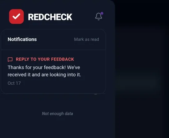 RedCheck’s mobile side menu with the notifications panel open, showing one entry: “Reply to your feedback: Thanks for your feedback! We’ve received it and are looking into it.”