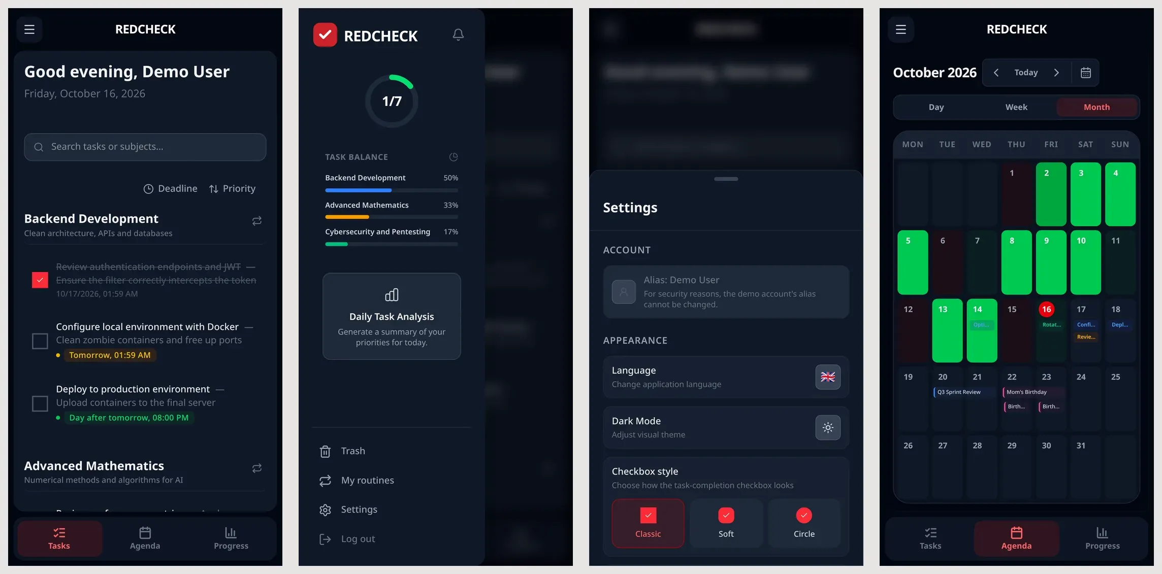 Four phone screenshots of RedCheck in dark mode: the task list with a bottom tab bar, the sidebar drawer, Settings as a bottom sheet with a drag handle, and the month calendar.