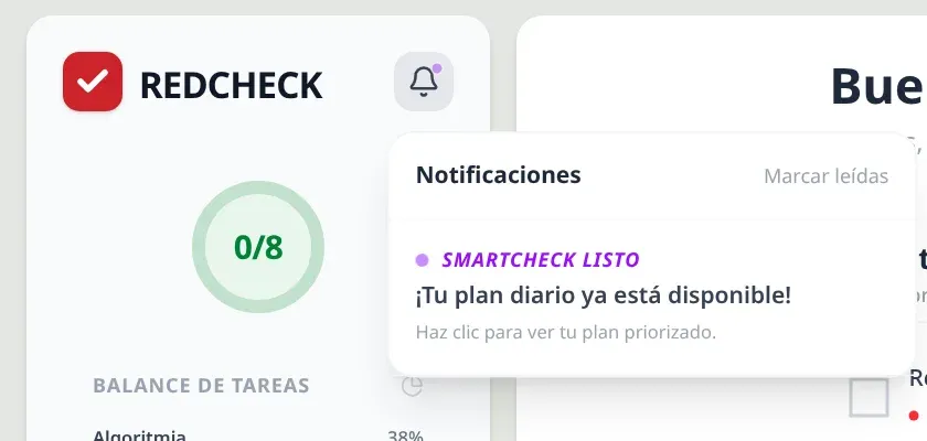 RedCheck’s sidebar with the notification bell open, showing a single notification: “SmartCheck ready: your daily plan is available”.