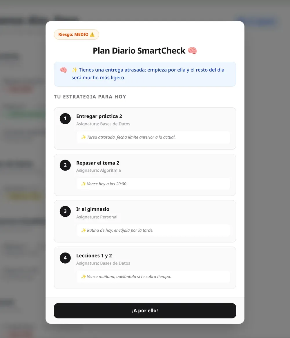 The SmartCheck daily plan in RedCheck’s interface: a “Risk: MEDIUM” badge, a short encouraging message, and four numbered tasks, each with its subject and the reason for its position, such as “Overdue task, deadline before today” and “Due today at 20:00”.