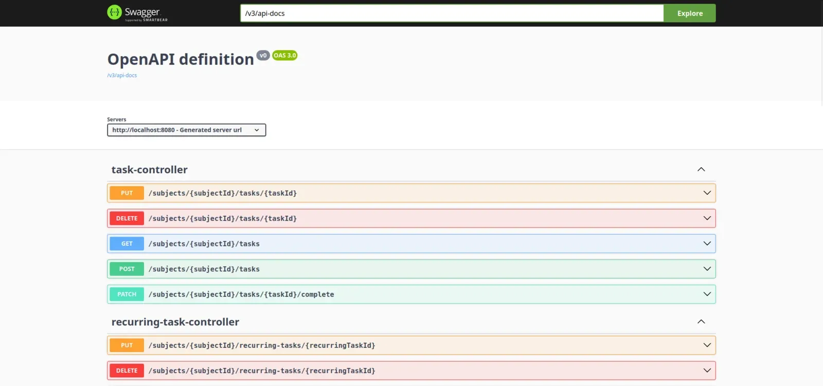 Swagger UI showing RedCheck’s API: the task controller with PUT, DELETE, GET, POST and PATCH endpoints under /subjects/{subjectId}/tasks, and the recurring task controller below it.
