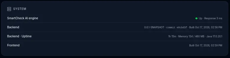 The system section: SmartCheck AI engine up with a 3 ms response, backend 0.0.1-SNAPSHOT on commit e0cbd3f built on 17 October 2026, uptime and memory, and the frontend’s build time.