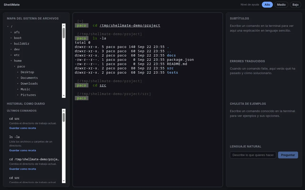 ShellMate's three-column layout: filesystem map and command diary, the real terminal, and the explanation panels.